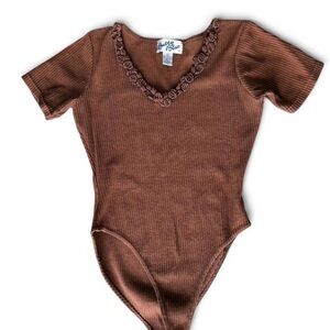 Vintage Ribbed Brown Bodysuit Floral Trim | Betty Blue | Size L